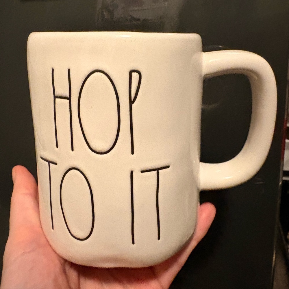 Rae Dunn Mug with 'Hop To It' Text